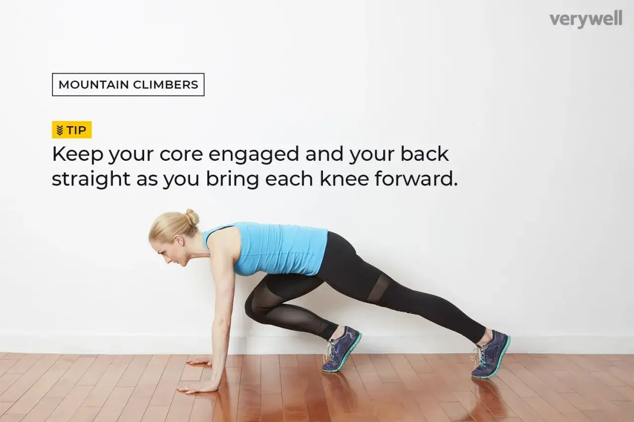Mujer haciendo mountain climbers, con el core firme y la espalda recta, simulando un ascenso.