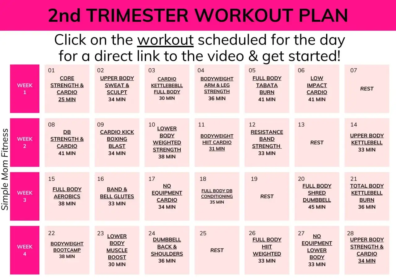 Plan de entrenamiento para embarazadas en el segundo trimestre. Rutinas de fuerza, cardio y descanso para cada d&iacute;a.