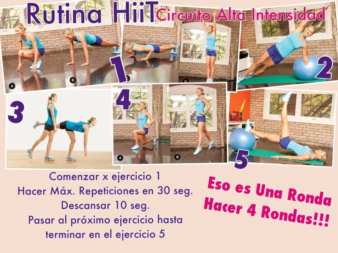 Rutina HIIT: mujeres realizan ejercicios de fuerza y equilibrio. Un circuito de alta intensidad para hacer 4 rondas.