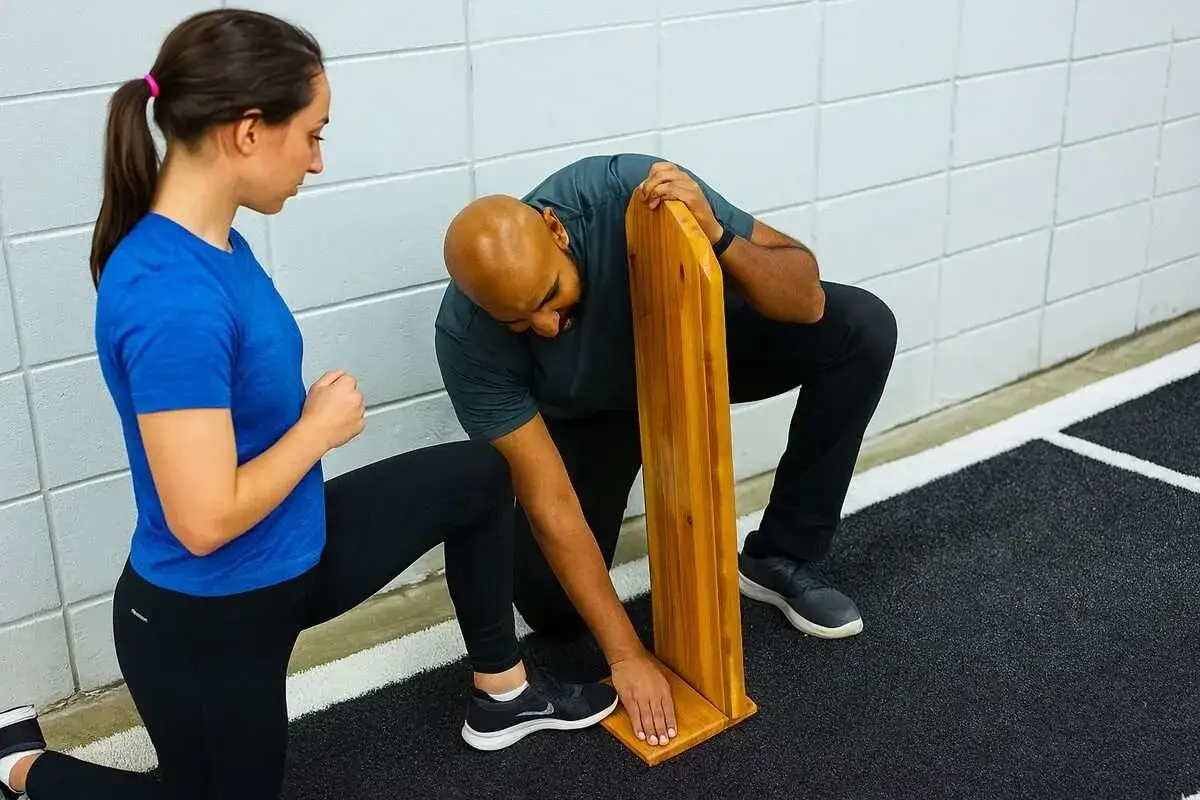 Hombre y mujer realizando ejercicios para la cintilla iliotibial con un accesorio de madera.