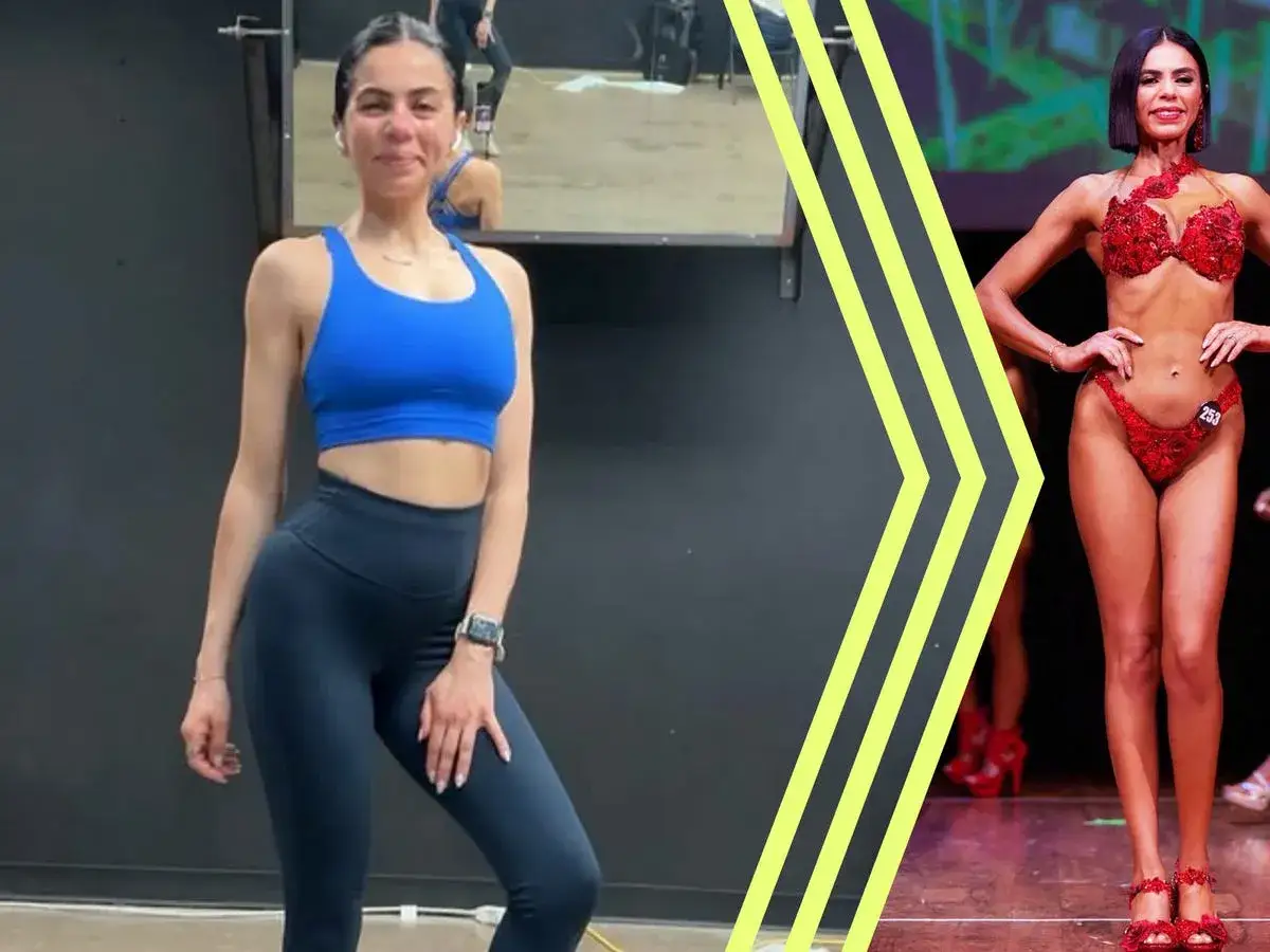 Mujer fitness natural, antes y después de una competencia. En la izquierda, entrenando en el gimnasio. En la derecha, en el escenario con un bikini rojo.
