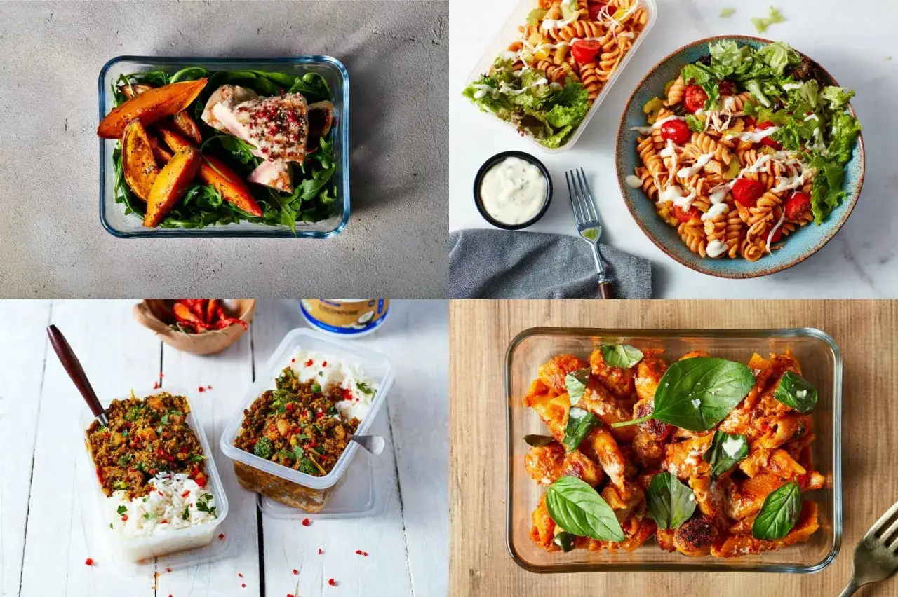 Comidas preparadas con prote&iacute;na: salm&oacute;n con boniato, pasta con pollo y ensalada, curry con arroz y pasta con pollo. Ideal para tu proteina antes o despues de entrenar.