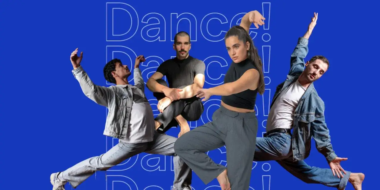 Cuatro bailarines en movimiento sobre fondo azul. Un anuncio de clases de danza.