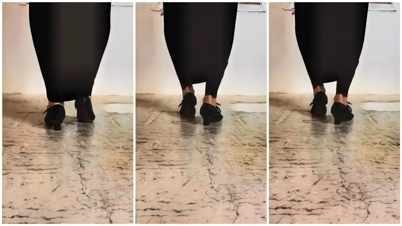 Tres im&aacute;genes de una bailaora con falda negra y zapatos de tac&oacute;n, mostrando el taconeo flamenco.