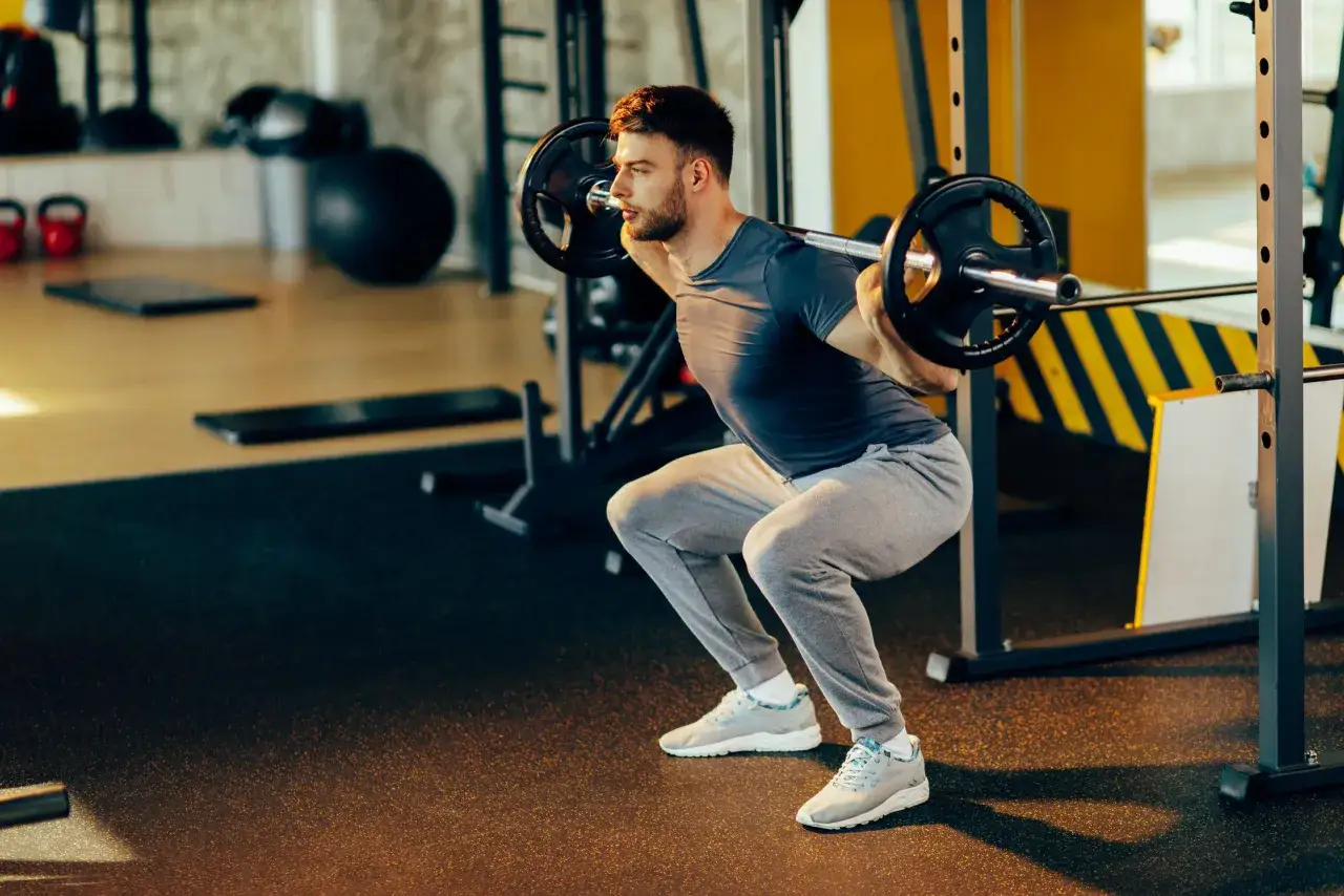 Hombre concentrado haciendo sentadillas con barra, un ejercicio clave para entrenar fuerza en el gimnasio.