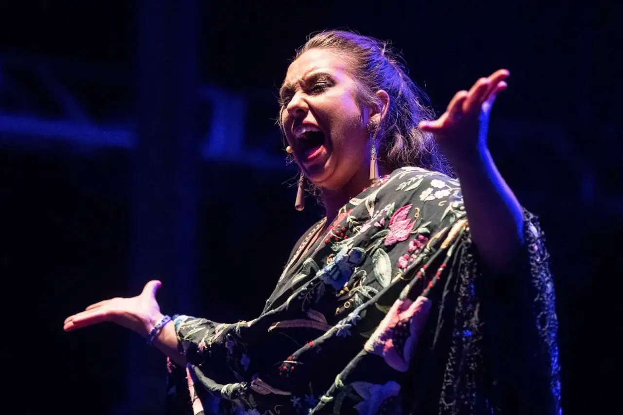 Cantante flamenco mujer, con el alma desbordada en cada nota, su voz resuena con pasi&oacute;n bajo las luces del escenario.