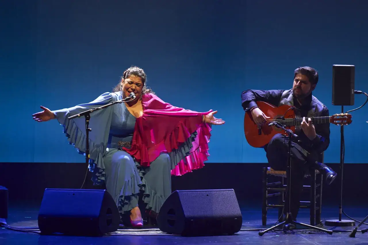 Una cantaora de flamenco actual, con un vestido azul y volantes rosas, canta apasionadamente mientras un guitarrista la acompa&ntilde;a.