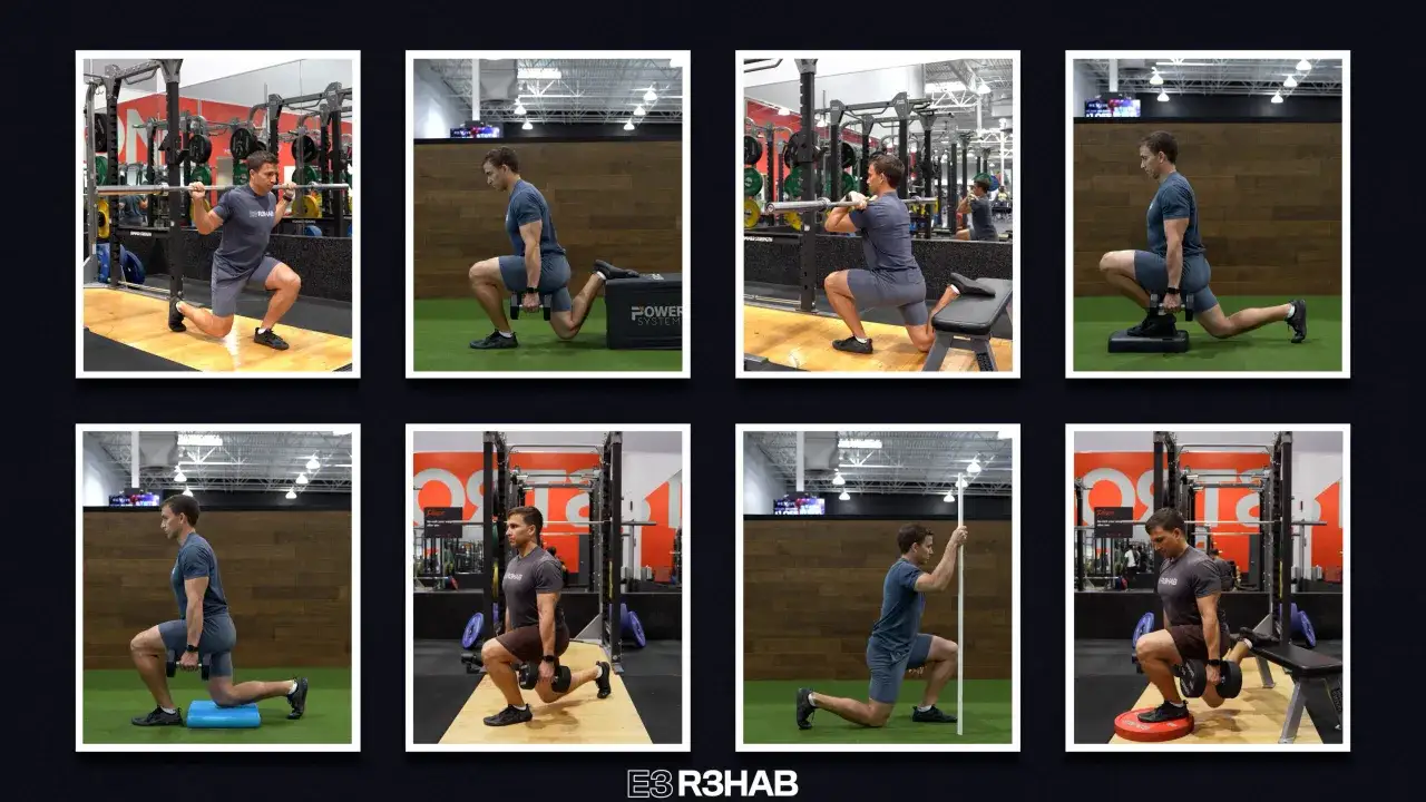 Hombre realizando sentadilla split con barra, mancuernas y apoyo. Variaciones del ejercicio para fortalecer piernas.