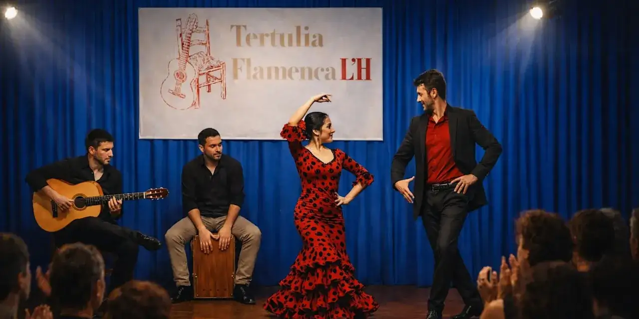 Una pareja baila flamenco con pasi&oacute;n. Un guitarrista y un percusionista acompa&ntilde;an la actuaci&oacute;n. &iexcl;El mejor flamenco en escena!