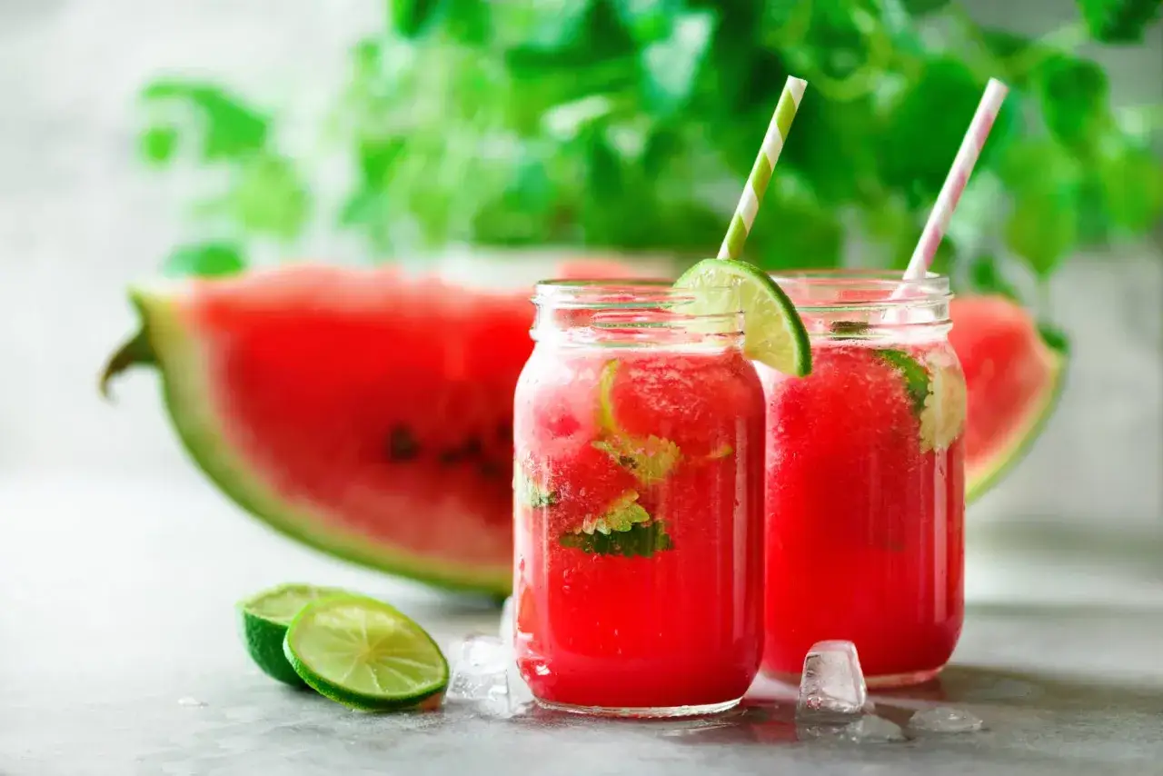 Refrescante zumo de sand&iacute;a con rodajas de lima y menta, servido en tarros con pajitas.