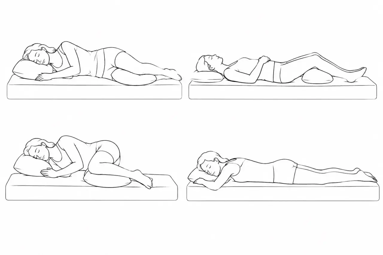 Ilustraciones de posturas para aliviar el dolor lumbar: de lado con almohada entre las rodillas, boca arriba con almohada bajo las rodillas, de lado fetal, boca abajo.