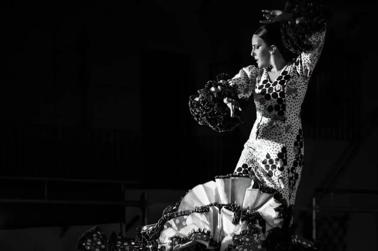 Bailarina de flamenco en movimiento, con volantes y lunares, expresando la pasi&oacute;n del arte.