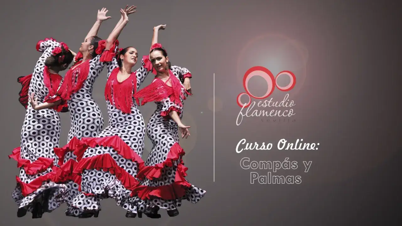 Curso online de baile flamenco para principiantes. Mujeres con trajes de lunares y volantes rojos bailan con pasi&oacute;n.
