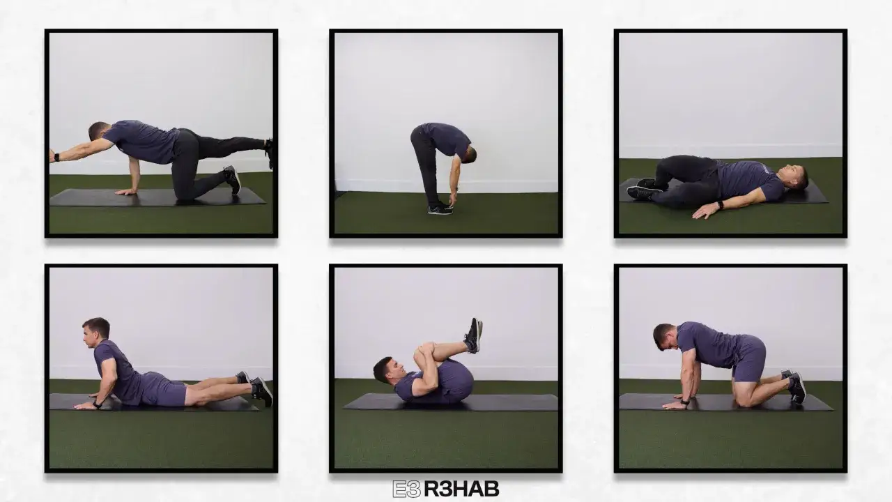 Secuencia de ejercicios para aliviar la hernia discal lumbar: estiramientos y fortalecimiento.