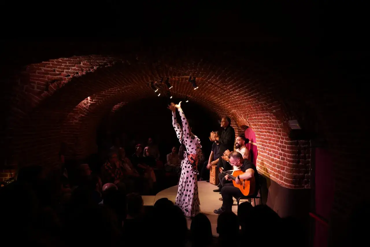 Una bailaora de flamenco en vivo, con un vestido de lunares, cautiva al p&uacute;blico mientras un guitarrista y percusionista la acompa&ntilde;an en un escenario r&uacute;stico.