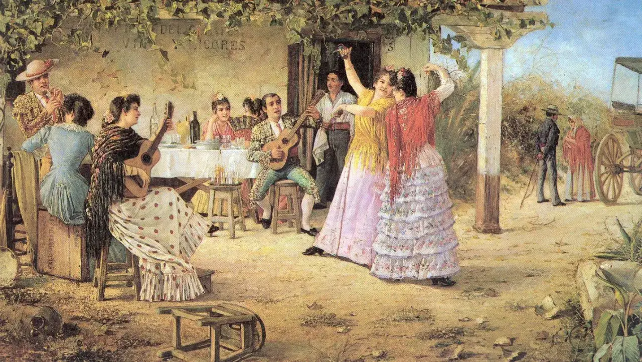 Escena que evoca el origen de las sevillanas: mujeres bailando y tocando guitarra bajo una parra, con gente reunida y un carruaje al fondo.