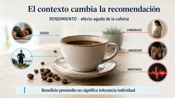 Taza de café junto a granos, con imágenes de un corredor, un hombre durmiendo y una mujer embarazada. El café antes de entrenar puede mejorar el rendimiento.