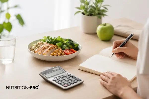 Calculadora y plato de comida saludable junto a una persona anotando en un cuaderno, para saber cuantas calorias necesito.