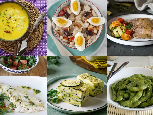 Collage de seis platos: sopa de arroz, ensalada de judías, carne con verduras, pescado al horno, lasaña de calabacín y edamame. Ideas para recetas saludables.