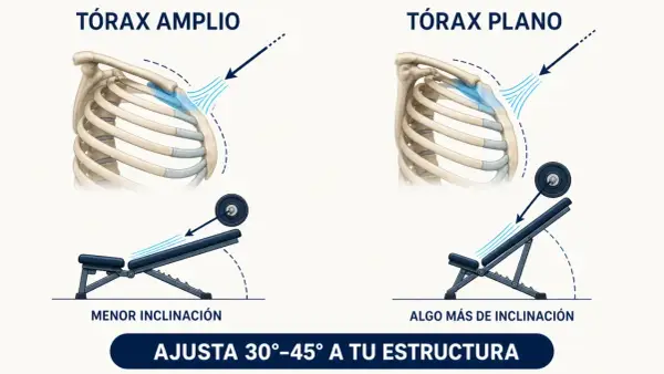 Press inclinado que trabaja con diferente inclinación para tórax amplio y plano. Ajusta el ángulo a tu estructura.