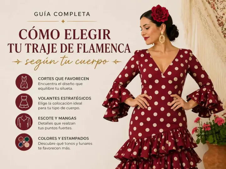Guía para elegir tipos de trajes de flamenca según tu cuerpo: cortes, volantes, escote, mangas, colores y estampados.