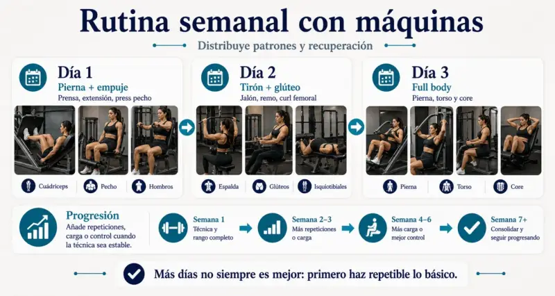 Rutina semanal con máquinas: Día 1 (pierna/empuje), Día 2 (tirón/glúteo), Día 3 (full body). Una mujer realiza ejercicios de pesas.
