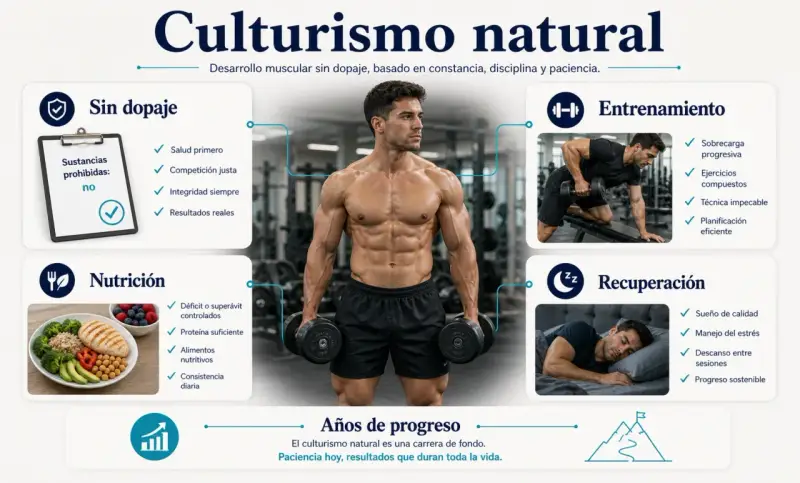 Hombre fitness natural con músculos definidos, rodeado de información sobre entrenamiento, nutrición y recuperación.